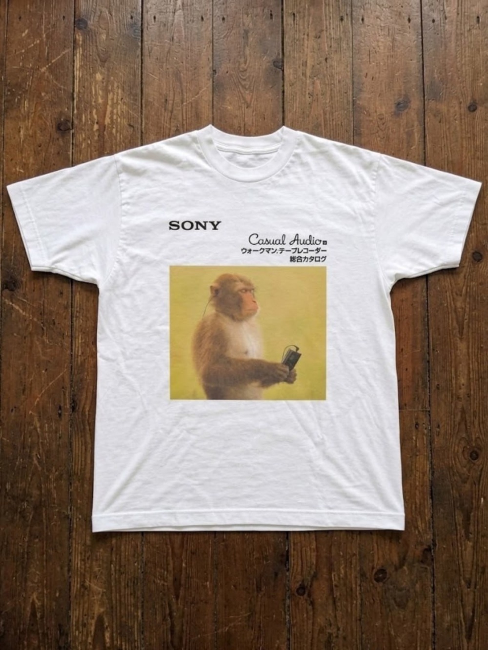 Sony White T-Shirt with Yellow-Motif Monkey Graphic
